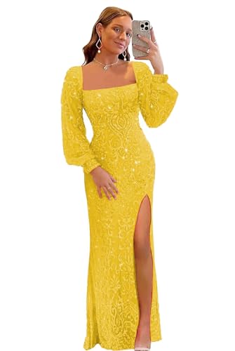 Long Sleeve Sequin Prom Dresses 2025 Sparkly Mermaid Tight Long Formal Evening Party Dress with Slit