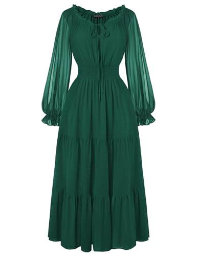 SCARLET DARKNESS Damen Renaissance Kleid Langarm Maxi Kleid Schulterfrei Mittelalter Corsagenkleid Hochzeit Dunkelgrün L