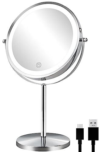 ALHAKIN Rechargeable Lighted Makeup Mirror, 1X/10X Magnifying Mirror with Light, 8 Inch Dimmable Makeup Mirror with 3 Color Lights, Double Sided Cosmetic Light up Mirror with Magnification, Chrome