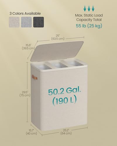Image of SONGMICS Laundry Basket, 50.2 Gal. Laundry Hamper, 3 Compartments, Easy Assembly, with Lid and Handles, Removable Liners, 25.2 x 15.7 x 29.5 Inches, Cappuccino Beige ULCB814LH01