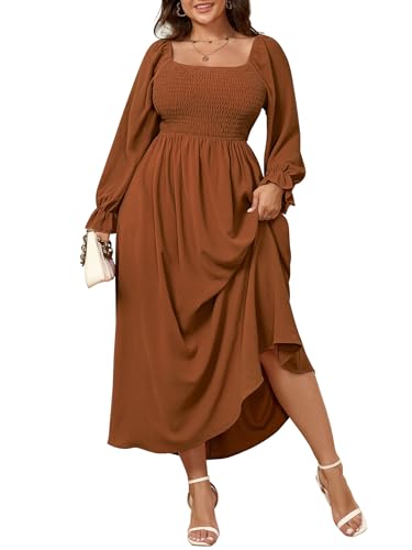 SHESTARR Women's Plus Size Maxi Dress Long Sleeve Square Neck Smocked Flowy A-Line Boho Wedding Party Maxi Dress Rust