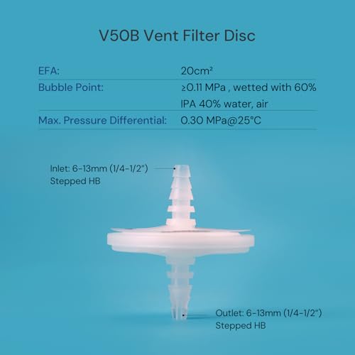 Image of PTFE Venting Filter Disc, 50mm 0.2μm, 0.30MPa Max. Pressure@25℃, 10 Pack | Hydrophobic PTFE Vent Filters, Non-sterile (Autoclavable), 1 /4 inch-1 /2 inch Stepped HB, EFA: 20 cm, Individually Packed