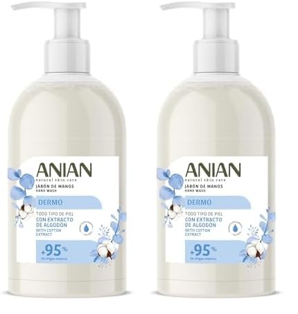 ANIAN - Jabón de Manos Dermo, 500 ml, para Todo Tipo de Piel, con Flor de Algodón y Glicerina, Limpia e Hidrata, Cuidado Delicado, + 95% Ingredientes de Origen Natural (Paquete de 2)