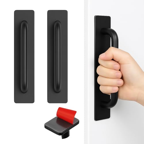 Image of Adhesive Cabinet Handles, Self-Stick Instant Cabinet Handles Alloy No Drilling Push Pull Handles Helper for Kitchen Cabinet Drawer Window Sliding Closet (Black, 2 Pcs)