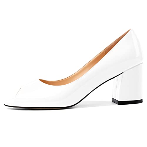 Mettesally Peep Toe Pumps Women Chunky Block Mid Heel Pumps Slip-On Open Toe Dress Shoes For Wedding Office Party White Us10 #TOP1