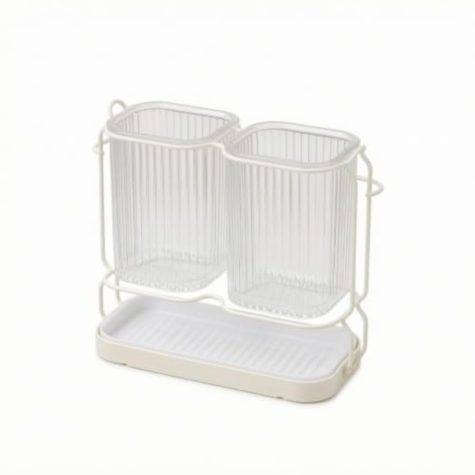 2-Compartment Utensil Holder with Drain Tray, Clear-White