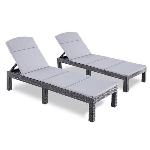 BOLLI Lot de 2 Bain de Soleil, Chaise Longue Jardin Exterieur, Résine Imitation rotin tressé, Coussin Confort Inclus, Dossier réglable, Gris Sparkle