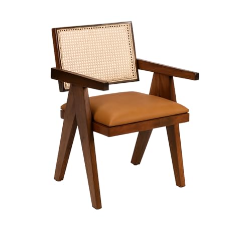 Image of Furniture Solid Sheesham Wood Arm Chair with Cushion and Cane Back Support Chair Living Room Bedroom Home Wooden Armchair Furniture Garden Balcony Outdoor & Indoor Set (Honey Camel seat)