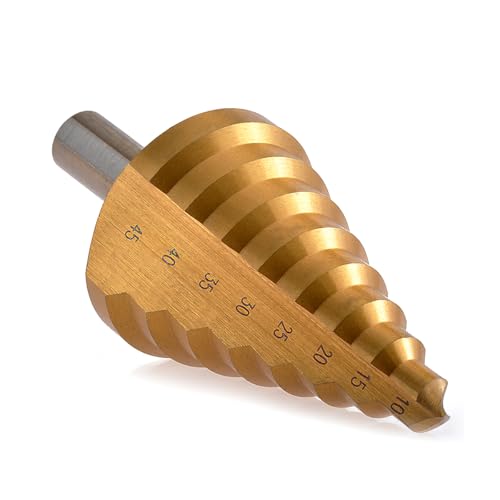 HOHXEN Broca Escalonada con Ranura en Espiral, Acero Rápido Recubierto de Titanio, Mango Triangular Redondo, Herramienta de Corte HSS para Bricolaje en Plástico, Madera, Metal (10 mm-45 mm, Dorada)
