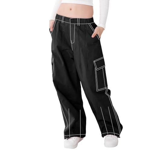 Image of Rolanko Girls Cargo Pants Wide Leg Streetwear Kids Pants with Pockets Trendy Jogger Trousers 4-14 Years