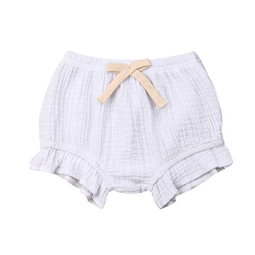 Seyurigaoka Baby Girls Ruffle Bloomer Shorts Toddler Cute Cotton Linen Panty Diaper Covers (A-White Bloomers, 3-6 Months)