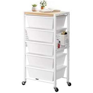 Rolling Cart with 5 Drawers, Plastic Drawer Storage Carts with Wheels & Wooden Tabletop, Metal Utility Cart with Pegboards, Office Living Room Classroom Craft Organization and Storage, Bright White