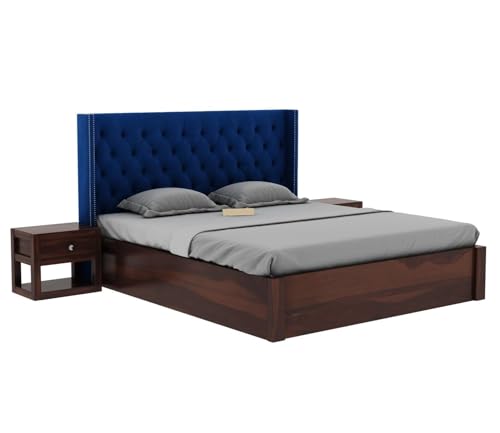 Image of LOGAN Upholstered Sheesham Wood King Size Bed with Box Storage 78x72 | Solid Wood Bed with Storage | Wooden Bed King Size Cot Double Bed with Storage for Bedroom Home |Walnut Blue