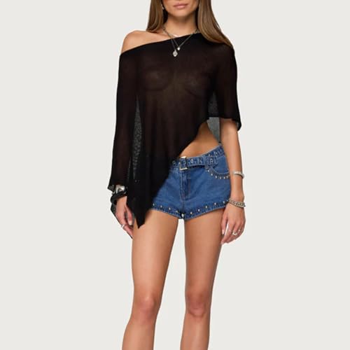 Women Sexy Sheer Cover Ups Solid Color See Through Off Shoulder Shrug Pullover Tops Mesh Knit Poncho for Beach3