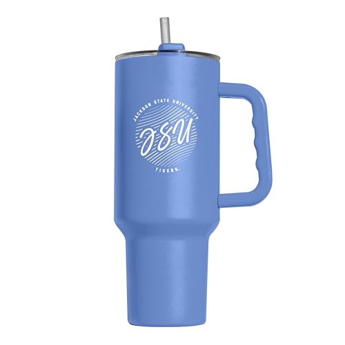 Image of Logo Brands NCAA Jackson State Tigers Retro Script Arctic 40 oz Tumbler with Handle - Stylish Everyday Use Powder Coated-Stainless Steel with Straw- Keeps Cold For Hours