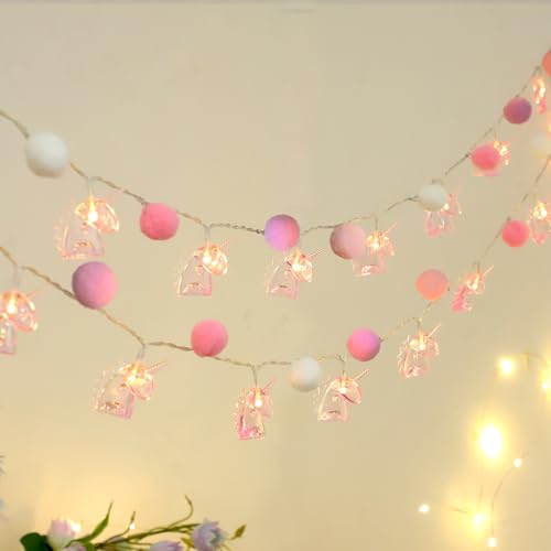 9.85FT Room Decor String Lights with 20 Cute PomPoms 20 Pink Unicorn LED Lights Battery Operated with Timer for Girls Bedroom Birthday Party Kids...