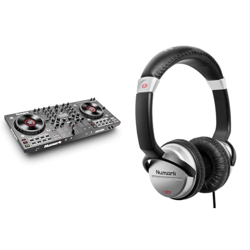 Numark NS4FX – Contrôleur DJ 4 canaux, platines DJ tactiles avec écran, pads & HF125 – Casque Professionnel pour DJ Ultra-Portable avec Câble de 1,8 m,...
