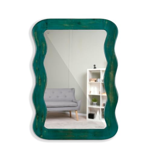 Image of FURNWEAVE Jevar Antique Wall Mirror - Premium Solid Wood Frame | Modern Wall Mounted Decorative Mirror for Living Room | Wall Hanging Mirror for Bathroom Wall & Room Corner | Dark Green Distress