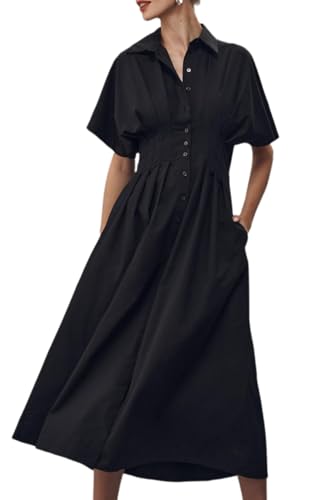 Image of Chvity Women Stripe Tunic Maxi Shirt Dress Fashion Slim Fit Button Pleated Dresses Casual Short Sleeve Long Dress