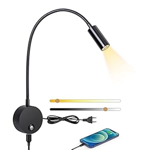 Liseuse murale，ERWEY Lampe de chevet murale LED avec interrupteur tactile dimmable et port de charge USB, liseuse de lit pivotante à 360° avec prise et câble pour chambre, 3000-6000K, noir