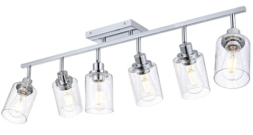 Wanluce 6-Light Track Lighting Kit Chrome Tracking Lights Fixture Ceiling Vanity Light with Seeded Glass Track Lighting Heads, Multi-Directional Rotating Spotlight Fixtures for Kitchen Accent Shop
