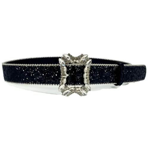 Pohullan Women Rhinestones Buckle Pu Belt Adult Waistband Dress Pants Formal Occasion Accessories