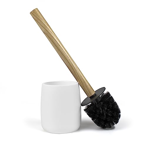 Nadi Collection | Escobilla de baño-WC-Inodoro | Forest | Resina y Madera bambú | Cepillo Negro Desmontable | 10.5 cm ø x 36 cm Alto (Blanco Mate)