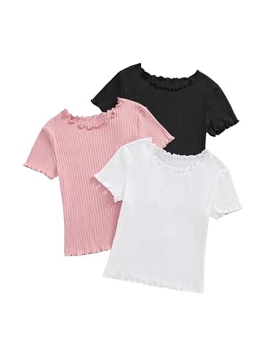 Milumia Girl's 3 Pack Solid Lettuce Trim Short Sleeve Round Neck Ribbed T-Shirts Tops