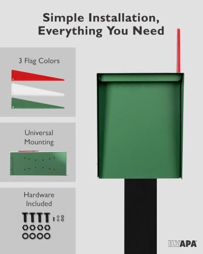 Image of Ilyapa Modern Mailbox for Outside Post Mount - Green Powder Coated Metal Mailbox, Waterproof Letter Box for Parcels, with Recessed Magnetic Close Door