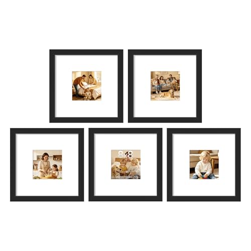 Image of upsimples 8x8 Picture Frame Set of 5, Display Pictures 4x4 with Mat or 8x8 Without, Wall Gallery Poster Frames, Black