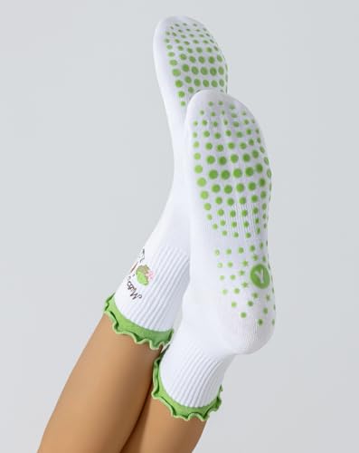 Image of Yawlsow Cute Pilates Grip Socks for Women Ruffle Frilly Yoga Socks Non Slip Cotton Crew Grippy Sock for Barre Workout