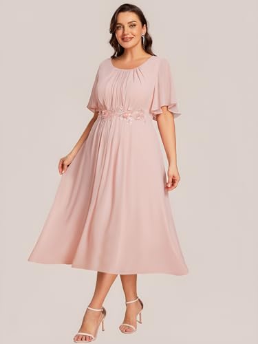 Ever-Pretty Plus Women's Round Neck Short Sleeves Chiffon Appliques Midi A-Line Plus Size Formal Wedding Guest Dresses3