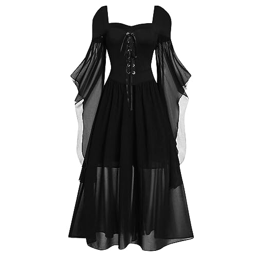 Gothic Halloween Kleid Kostüm Damen, Übergröße A-Linie Schnüren Maxi Kleider mit Schmetterlingsärmeln für Frauen, Festliches Vintage Schwarz...