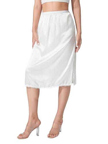LYSINK Womens Satin Half Slip for Under Dress Summer Short Midi Soild Elastic Waist Vintage Lace Trim Underskirt, B-midi White, L