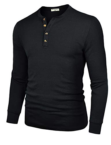 Derminpro Men's Henley Shirts Casual Slim Fit Cotton Shirts Long Sleeve Black X-Large