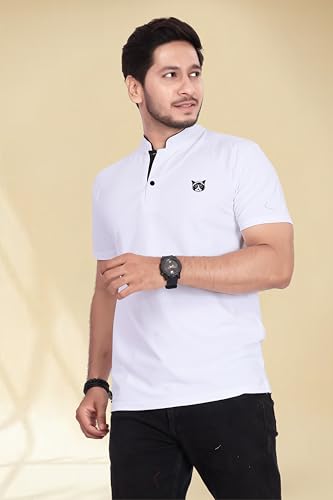 Image of BAGHADBILLO Men's and Boy's Polyster T-Shirt with Mandarin Collared Neck Half Sleeves Closuer Button and Regular Fit | Polo t Shirt for Man