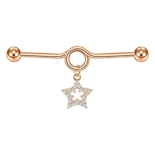 D.Bella Piercing Industriel Acier Inoxydable 1,6mm 14G Industriel Barbells avec Star Cœur Chaine Barres Boucle d'Oreill Cartilage Bijoux de Piercing 38mm Cover