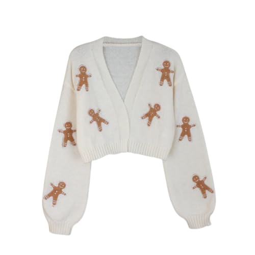Gingerbread Cardigan Women,Christmas Open Front Cropped Cardigan Sweaters,Casual Cute Cartoon Print Drop Shoulder Knit Coat4