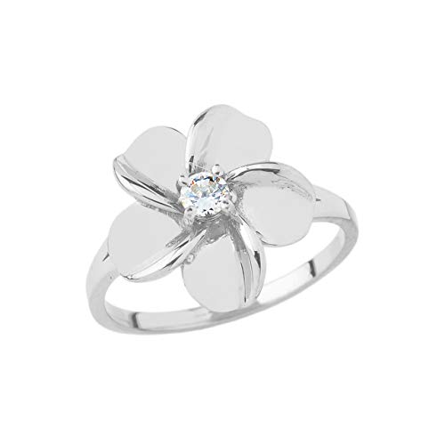 Exotic Sterling Silver Solitaire CZ Hawaiian Plumeria Flower Ring