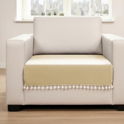 Image of HOMEMONDE 1 Seater Sofa Cover with Tassels |Soft, Durable & Textured Chenille Fabric with Tassels | Sofa Cover Mats for Living Room, Bedroom, or Drawing Room (76 X 61 CM, Beige)