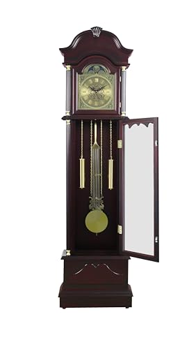 Grandfather Floor Clock, Cherry Finish, Pendulum with Gold Accents, Moon Phase Dial, 72 Inch Tall