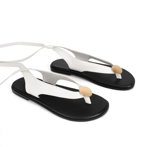 Image of Flat Sandals for Women Strappy Sandals Comfortable Dressy Beach Flip Flop Slides Thong Sandals for Women with Metal Circular