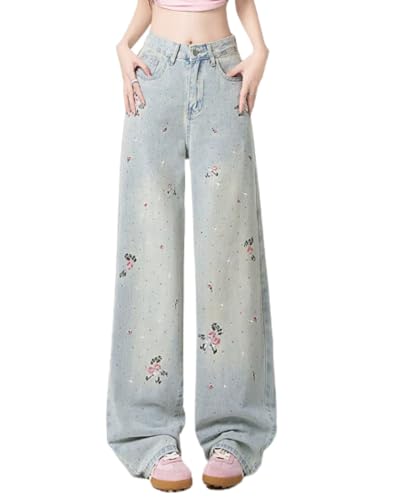 Cute Pants for Women Girls Y2K Embroidered Jeans Loose Low Rise Straight Leg Jeans Casual Preppy Clothes