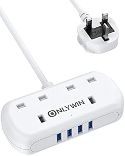 ONLYWIN Extension Lead with 2 Way Outlets 4 USB Ports, 1050J Surge Protection Power Strip with 1.5M Long Cable Cord, Extension Cord for Travel, Home, Office - White