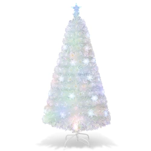 GYMAX Árbol de Navidad Artificial 120/150/180 cm, con Fibra de Vidrio y 18/24/30 Luces LED de Colores, Árbol Decorativo con Estrella en la Copa y Soporte de Metal, para Casa y Oficina, Blanco (120 cm)