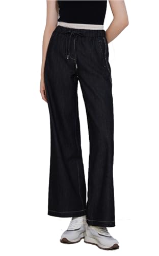 Wide Leg Denim 100% Cotton Pants, Elastic Waist with Drawstring, K2197W