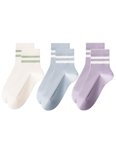 Womens 3 Pairs Solid Color Two Stripe Crew Socks Casual Athletic Socks for Women