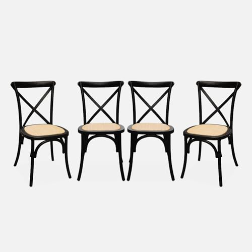 sweeek - Lot de 4 chaises de bistrot en Bois d'hévéa Noir. Vintage. Assise en rotin. empilables