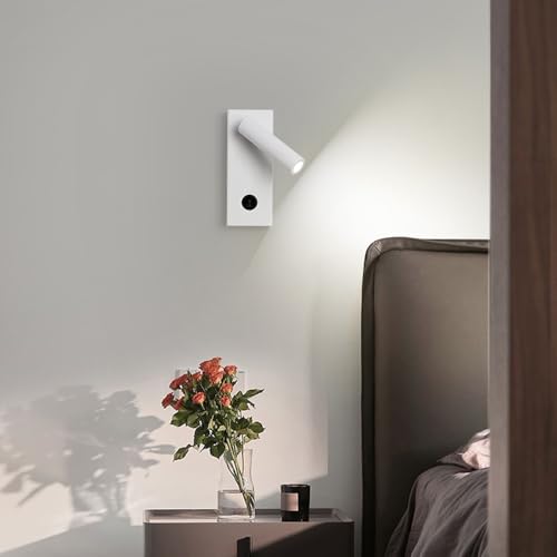 Aplique de pared de metal blanco moderno con foco LED ajustable de 3000K e interruptor 6