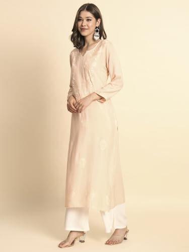 Image of VAIRAGEE Women's Embroidered Lukhnavi Chikankari Work Straight Rayon Ethnic Kurta | Casual Office Kurta for Women